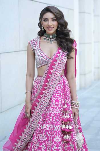 Gopi Vaid_Pink Tussar, Jersey, Organza Mirrors, Embroidery V-neck Rani Lehenga Set _Online