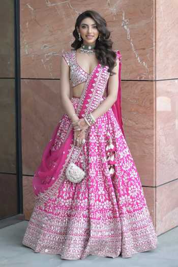Buy_Gopi Vaid_Pink Tussar, Jersey, Organza Mirrors, Embroidery V-neck Rani Lehenga Set _at_Aza_Fashions