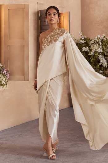 Studio22 By Pulkita Arora Bajaj_White Satin One Shoulder Liyana Embroidered Draped Top And Dhoti Skirt Set _Online_at_Aza_Fashions