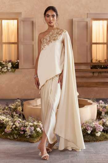 Buy_Studio22 By Pulkita Arora Bajaj_White Satin One Shoulder Liyana Embroidered Draped Top And Dhoti Skirt Set _at_Aza_Fashions