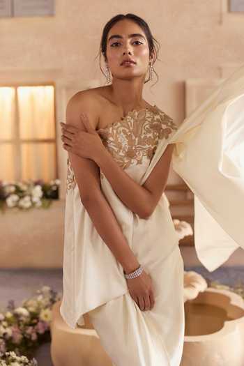 Buy_Studio22 By Pulkita Arora Bajaj_White Satin One Shoulder Liyana Embroidered Draped Top And Dhoti Skirt Set _Online_at_Aza_Fashions