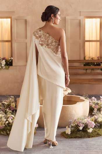 Shop_Studio22 By Pulkita Arora Bajaj_White Satin One Shoulder Liyana Embroidered Draped Top And Dhoti Skirt Set _at_Aza_Fashions
