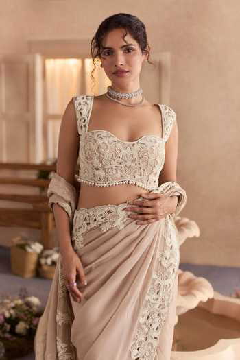 Studio22 By Pulkita Arora Bajaj_Cream Organza, Viscose Mireya Pre-draped Saree With Embroidered Blouse _Online_at_Aza_Fashions
