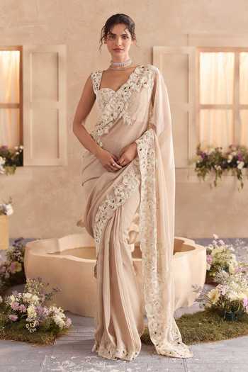 Buy_Studio22 By Pulkita Arora Bajaj_Cream Organza, Viscose Mireya Pre-draped Saree With Embroidered Blouse _at_Aza_Fashions
