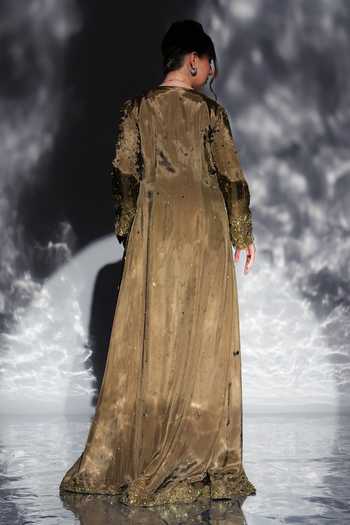 Shop_Jade By Ashima_Green Satin, Shantoon V-neck, Open Aurora Embroidered Jacket And Draped Skirt Set _at_Aza_Fashions