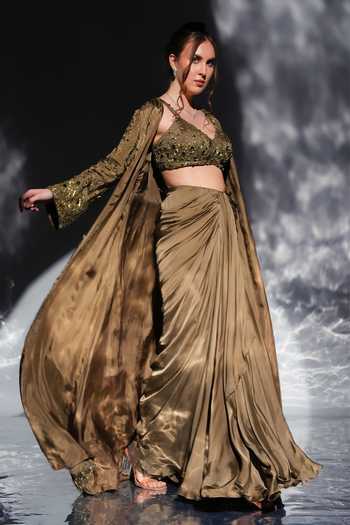 Jade By Ashima_Green Satin, Shantoon V-neck, Open Aurora Embroidered Jacket And Draped Skirt Set _Online_at_Aza_Fashions