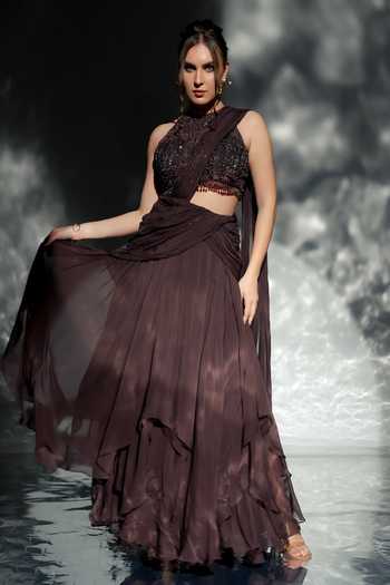 Jade By Ashima_Wine Cotton, Organza, Shantoon Sarah Pre-draped Saree With Embroidered Blouse _Online_at_Aza_Fashions
