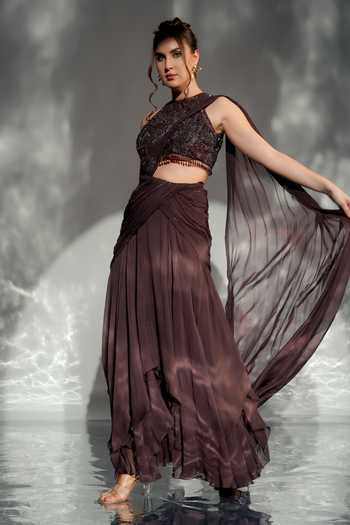 Buy_Jade By Ashima_Wine Cotton, Organza, Shantoon Sarah Pre-draped Saree With Embroidered Blouse _Online_at_Aza_Fashions