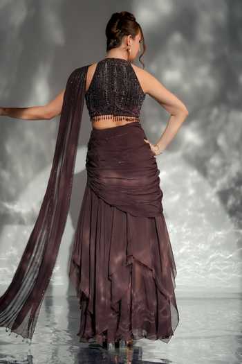 Shop_Jade By Ashima_Wine Cotton, Organza, Shantoon Sarah Pre-draped Saree With Embroidered Blouse _at_Aza_Fashions