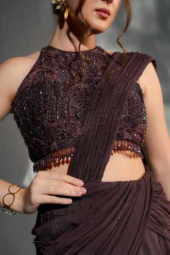 Jade By Ashima_Wine Cotton, Organza, Shantoon Sarah Pre-draped Saree With Embroidered Blouse _at_Aza_Fashions