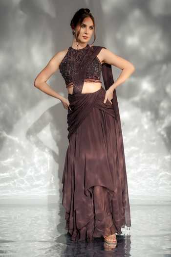 Buy_Jade By Ashima_Wine Cotton, Organza, Shantoon Sarah Pre-draped Saree With Embroidered Blouse 