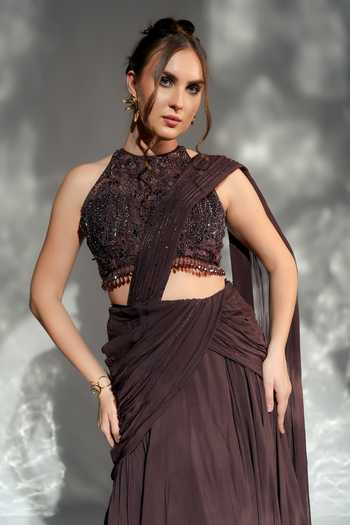 Shop_Jade By Ashima_Wine Cotton, Organza, Shantoon Sarah Pre-draped Saree With Embroidered Blouse 