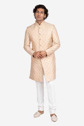 Buy_Sven Suits_Beige Faux Silk Floral Embroidered Sherwani Set _at_Aza_Fashions