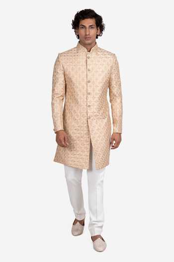 Sven Suits_Beige Faux Silk Floral Embroidered Sherwani Set _Online_at_Aza_Fashions
