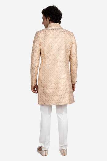 Shop_Sven Suits_Beige Faux Silk Floral Embroidered Sherwani Set _at_Aza_Fashions