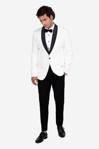Buy_Sven Suits_White Viscose, Polyester Vanilla Hand Embroidered Lapel Tuxedo Set _Online_at_Aza_Fashions