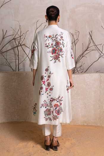Shop_Haute Mess_Ivory Silk, Chanderi Mandarin Collar, Yes Print Tunic And Pant Set _at_Aza_Fashions