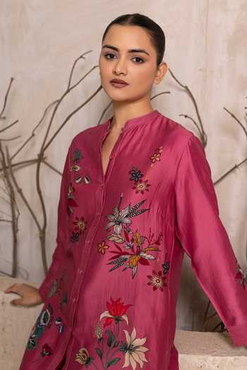 Shop_Haute Mess_Pink Silk, Chanderi Mandarin Collar Print Kurta Set _Online_at_Aza_Fashions