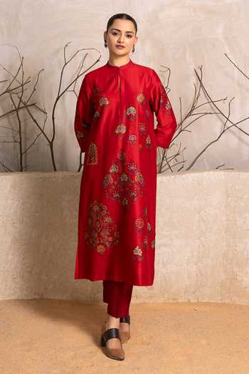Buy_Haute Mess_Red Silk, Chanderi Mandarin Collar Printed Tunic And Pant Set 