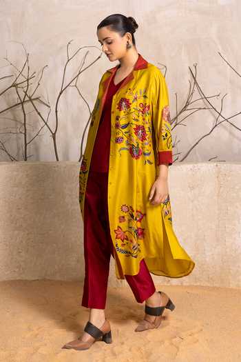Shop_Haute Mess_Yellow Silk, Chanderi Collared Neck, Yes Chintz Kurta Set _Online_at_Aza_Fashions