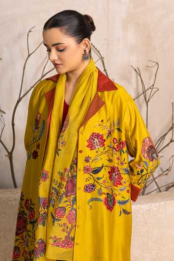 Haute Mess_Yellow Silk, Chanderi Collared Neck, Yes Chintz Kurta Set _Online