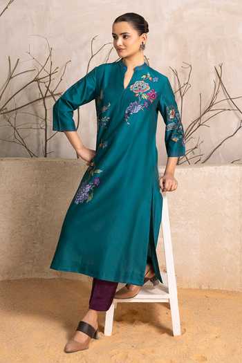 Buy_Haute Mess_Emerald Green Silk, Chanderi Mandarin Collar Floral Print Tunic Set _Online_at_Aza_Fashions