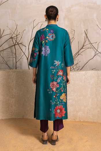 Shop_Haute Mess_Emerald Green Silk, Chanderi Mandarin Collar Floral Print Tunic Set _at_Aza_Fashions