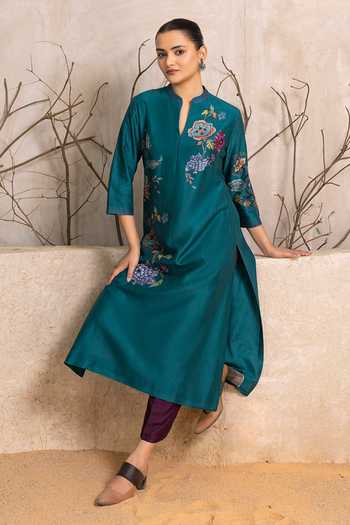 Shop_Haute Mess_Emerald Green Silk, Chanderi Mandarin Collar Floral Print Tunic Set 