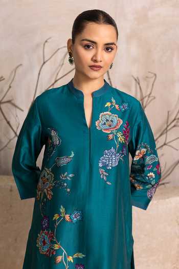 Haute Mess_Emerald Green Silk, Chanderi Mandarin Collar Floral Print Tunic Set _Online