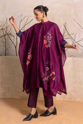 Haute Mess_Wine Silk, Chanderi Mandarin Collar Floral Pattern Kaftan Set _Online_at_Aza_Fashions