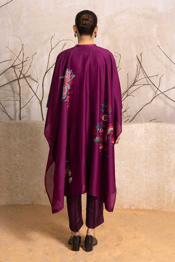 Shop_Haute Mess_Wine Silk, Chanderi Mandarin Collar Floral Pattern Kaftan Set _at_Aza_Fashions