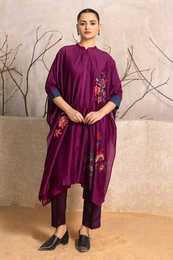 Shop_Haute Mess_Wine Silk, Chanderi Mandarin Collar Floral Pattern Kaftan Set _Online_at_Aza_Fashions