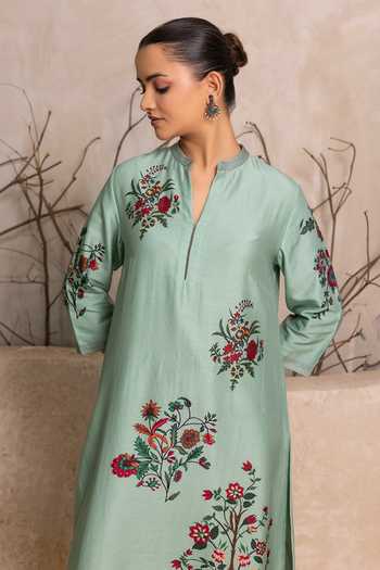 Haute Mess_Mint Silk, Chanderi Mandarin Collar, Yes Print Kurta Set _Online_at_Aza_Fashions