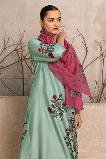 Shop_Haute Mess_Mint Silk, Chanderi Mandarin Collar, Yes Print Kurta Set 