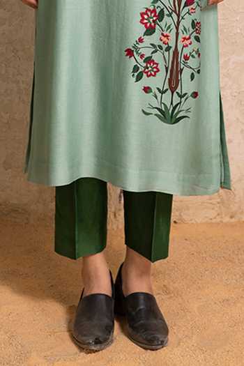 Haute Mess_Mint Silk, Chanderi Mandarin Collar, Yes Print Kurta Set _Online