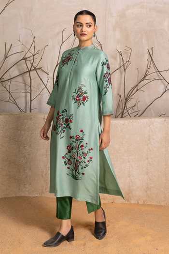 Buy_Haute Mess_Mint Silk, Chanderi Mandarin Collar, Yes Print Kurta Set _Online