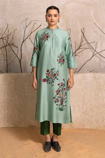 Shop_Haute Mess_Mint Silk, Chanderi Mandarin Collar, Yes Print Kurta Set _Online