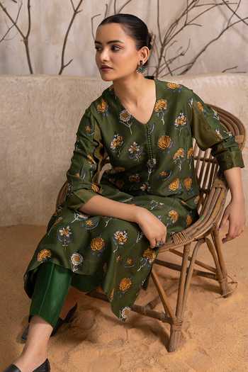 Buy_Haute Mess_Green Silk, Chanderi V-neck Print Tunic Set _Online_at_Aza_Fashions
