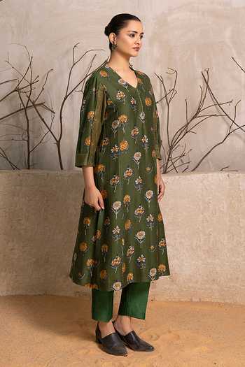 Buy_Haute Mess_Green Silk, Chanderi V-neck Print Tunic Set 