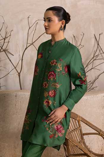 Haute Mess_Green Silk, Chanderi Mandarin Collar Printed Tunic Set _Online_at_Aza_Fashions