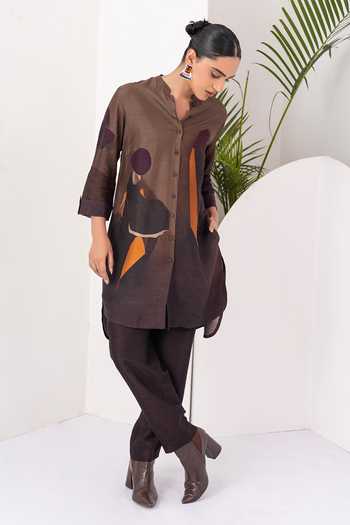 Buy_Haute Mess_Brown Silk, Chanderi Mandarin Collar, Yes Printed Shirt Kurta Set _Online_at_Aza_Fashions