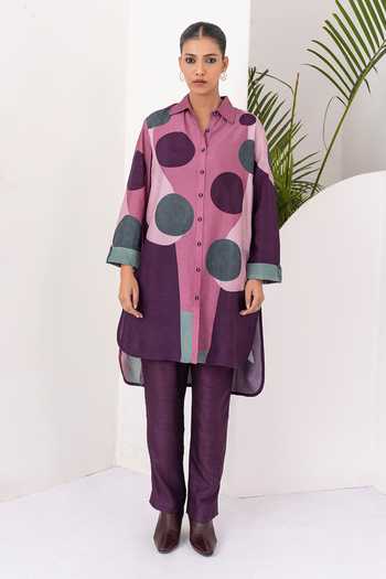 Haute Mess_Pink Silk, Chanderi Collared Neck, Yes Printed Kurta And Pant Set _Online_at_Aza_Fashions