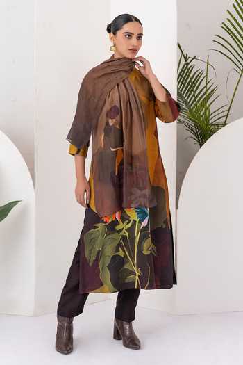 Buy_Haute Mess_Yellow Silk, Chanderi Mandarin Collar Printed Tunic Set 