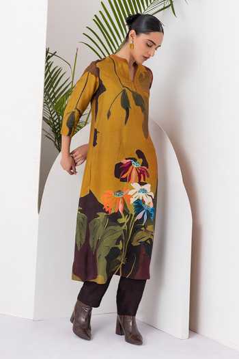 Shop_Haute Mess_Yellow Silk, Chanderi Mandarin Collar Printed Tunic Set 