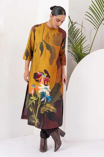 Buy_Haute Mess_Yellow Silk, Chanderi Mandarin Collar Printed Tunic Set _Online