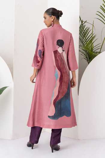 Shop_Haute Mess_Pink Silk, Chanderi Mandarin Collar, Yes Abstract Print Kurta Set _at_Aza_Fashions