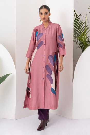 Buy_Haute Mess_Pink Silk, Chanderi Mandarin Collar, Yes Abstract Print Kurta Set _Online_at_Aza_Fashions