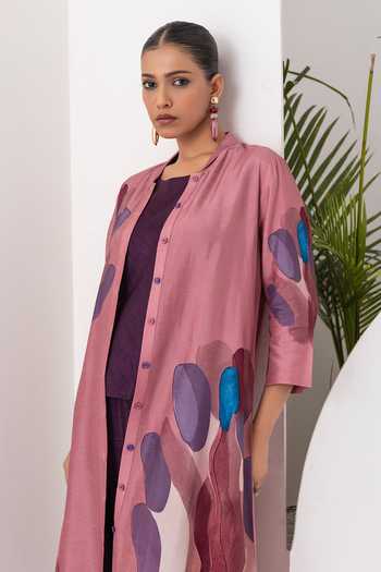 Buy_Haute Mess_Pink Silk, Chanderi Mandarin Collar, Yes Abstract Print Kurta Set 