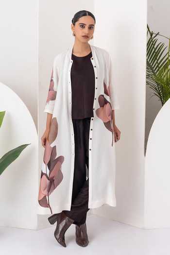 Buy_Haute Mess_Ivory Silk, Chanderi Round Neck, Yes Leaf Print Kurta Set _Online_at_Aza_Fashions