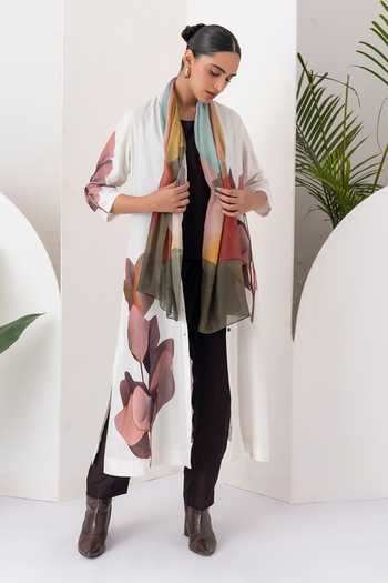 Shop_Haute Mess_Ivory Silk, Chanderi Round Neck, Yes Leaf Print Kurta Set _Online_at_Aza_Fashions